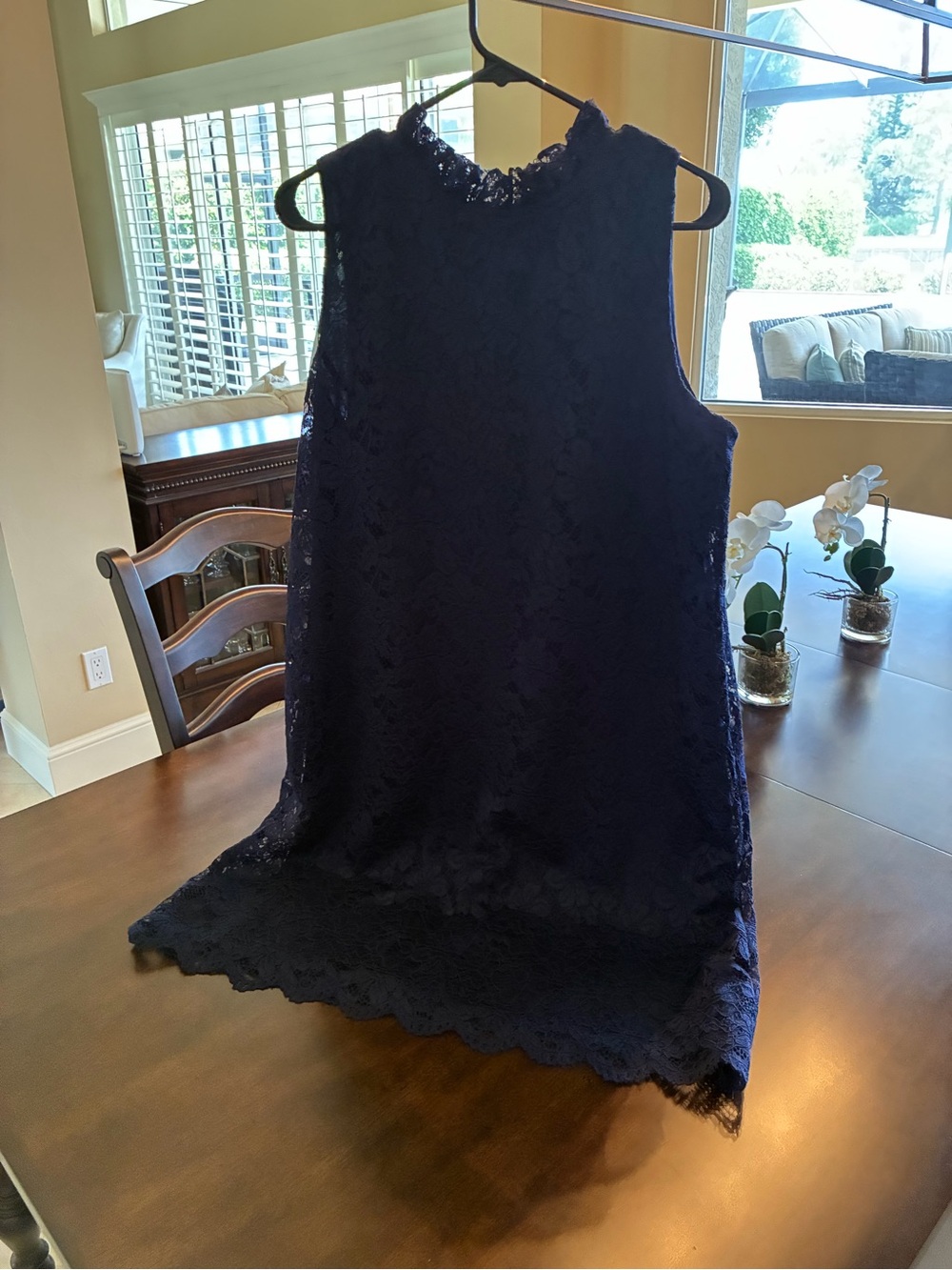 Anne KLEIN Navy Lace Sleeveless High-Neck Dress.